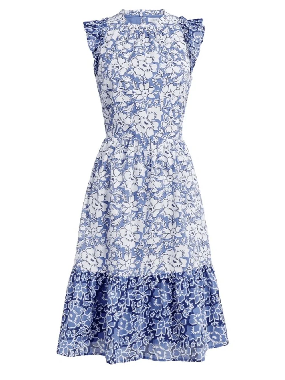 J.Crew Blue & White Ruffle-Sleeve Tiered Cotton Midi Dress Size 10 54953